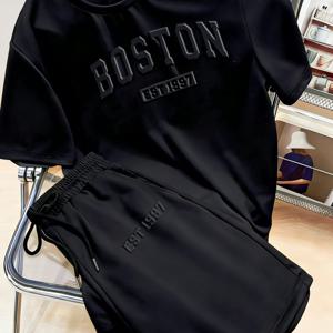 [BOSTON 프린트] 남성용 반팔 반바지 단색 슈트 여름용 얇은 3D 엠보싱 운동복 홈웨어 2피스 세트, 봄-여름, 헬스, 골프, 캠핑, 스포츠용