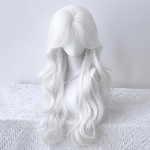 누구에게나 어울리는 데일리 가발, 화이트 중앙 가운데 헤어라인 큰 웨이브 컬, 푹신하고 자연스러운 질감, 피부 친화적, 패셔너블하고 우아하며 파티와 모임에 활용도 높은 다용도 가발