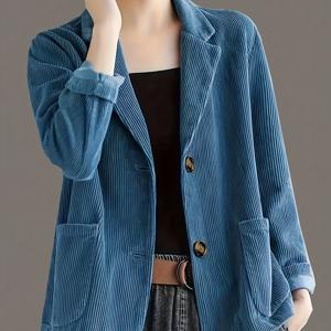 여성용 가을 캐주얼 자켓, 빈티지 스타일 블루 루즈핏 싱글브레스트 단추, 활용도 높은 캐주얼