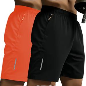 남성용 스포티 캐주얼 반바지 2개 혼합 팩, 반사 스트립 프린트 디자인, 양면 지퍼 포켓, 편안하고 통기성 좋은 폴리에스터 원단, 신축성 있는 허리밴드, 다양한 색상과 조합 선택 가능. 트렌디하고 멋짐. 일상생활/야외/여행/달리기/차고 작업/피트니스, 산책, 하이킹, 캠핑, 데이트 의상에 적합. 헬스 트레이닝, 휴가 나들이, 야외 스포츠에 필수품