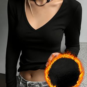 푸어 데저 스타일 기모 안감 두꺼운 베이스 레이어, 딥 V넥 허리 집어넣는 긴팔 티셔츠, 가을 겨울 슬림핏 스퀘어 숄더 티셔츠 따뜻한 안감 탑