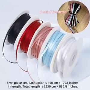 5개 세트. 각 색상 길이 450cm / 177.1인치, 총 길이 2250cm / 885.8인치. 두께 0.3cm 단면 폴리에스터 우븐 리본, 웨딩 보우용 고급 새틴 리본, 선물 포장용 얇은 리본, 케이크 장식, 웨딩 데코, 꽃 포장, 할로윈, 추수감사절, 크리스마스 선물 포장용