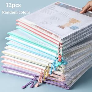 ARXR 12개 PVC 메시 지퍼 백 | 투명 파일 정리 파우치, 사무실 파일 정리, 학교 과제, 미술 공예 용품, 여행 및 페인팅 용지 보관을 위한 쌓을 수 있는 문서 홀더, 랜덤 색상