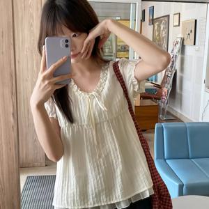스몰 러플 더블 레이어 밑단 블라우스 여성용 세로 텍스처 반팔 셔츠 아프리카트 컬러 탑
