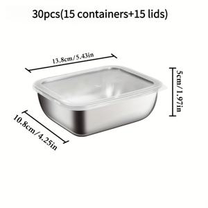 30개입 (뚜껑 포함 15개 용기, 뚜껑 15개) 스테인리스 스틸 식사 준비 용기 (뚜껑 포함), 밀폐 누출 방지 식품 보관 용기 세트 (학교 도시락 사무실 점심용), 전자레인지 오븐 냉동고 사용 가능, 쌓을 수 있는 주방 정리함