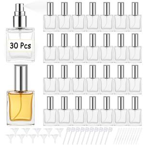 고품질 15ml 투명 유리 향수 스프레이 병 30개, DIY 향수, 코롱, 여행용 펌프 도구, 드로퍼, 깔때기 포함 미니 빈 향수병 (골든, 실버리, 블랙)