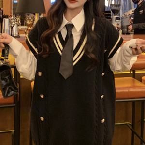 여성용 칼리지 스타일 미디언 레인지 베스트, 신상 가을 겨울 빈티지 민소매 레이어드 카디건 탑
