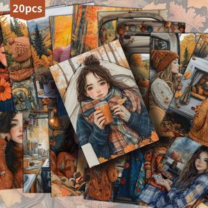 빈티지 가을 RV 생활 야외 여행용 종이 엽서 20개 팩 - 4x6인치 가을 잡지 저널용지, 클래식 핀업 일러스트, 스크랩북킹 및 공예용 수집용 장식 페인팅 카드