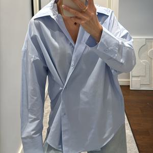 여성용 우아한 블루 셔츠, 옆면 버튼 장식, 봄, 가을 야외 활동, 데이트, 크리스마스에 부드럽고 캐주얼한 룩에 완벽, 모델 LL168
