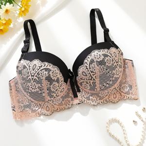 고급스럽고 패셔너블한 섹시한 레ース 트리밍 푸쉬업 효과 여성용 브라, 컬러 블록 딥 브이넥, 편안하고 우아하며 화려한 데일리웨어