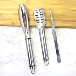 3개입 생선 비늘 제거기 및 조리 핀셋 세트, 스테인리스 스틸 생선 비늘 청소 브러시, 생선 비늘 제거 도구 및 주방 바베큐 집게, 음식 클립, 주방 도구