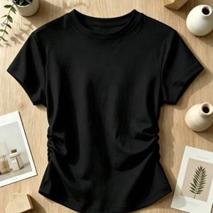 여성용 부드러운 라운드넥 옆면 주름 처리된 허리 티셔츠 - 반팔 단색 핏 베이직 상의 | 기계 세탁 가능 폴리에스터, 캐주얼 복장, 봄 여름 캐주얼웨어에 적합, 라운드넥 아님 반팔 튜닉