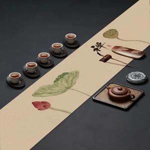 중국풍 차도리 연꽃 패턴 테이블 러너, 차도 예술 장식 티 매트, 전통 민족 스타일 티 테이블 천, 차방 공간을 위한 우아한 장식품, 차향을 향상시키는 분위기