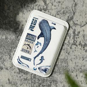자석 휴대폰 카드 홀더, 블랙/화이트 인조 가죽, 상어 돌고래 디자인, 