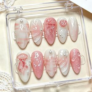 트렌디한 인어코어 3D 해파리 누름식 인조네일 10pcs 미디엄 아몬드, 핑크 & 화이트 옴브레 장식 포함, 파티 및 데일리용 유광 인조 손톱