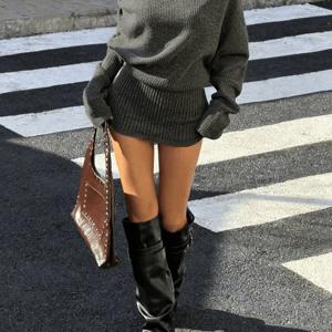 다크 그레이 긴팔 오프숄더 러플 워싱 핏 미니 드레스, 비대칭 원숄더 디자인, 가을 캐주얼 이브닝 디너 파티 드레스