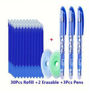 35개입 지우개펜 세트 - 0.5mm 펜촉 지우개젤펜 리필 30개+펜 3개+지우개 2개 - 열 및 문지름에 강함 - 학교 및 사무실용으로 이상적