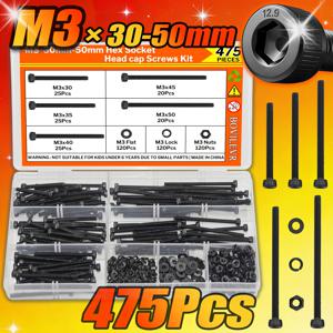 475개 M3 X 30mm/35mm/40mm/45mm/50mm 소켓 헤드 나사 M3 긴 나사 수나사 볼트 와셔 너트 키트 기계용 나사 혼합 키트 12.9 등급 합금강 전체 나사산형 가구 수리 DIY 하드웨어 패스너용
