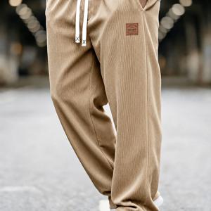 [겐위안치 셀렉션] 코듀로이 캐주얼 팬츠, 남성용 드로스트링 디자인, 라벨 장식, 루즈핏, 편안하고 다용도, 가을 필수품