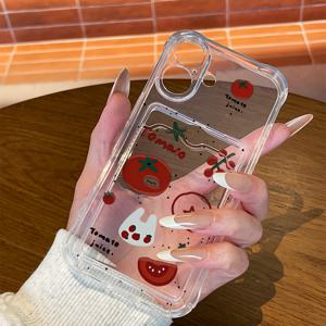 폰 케이스: 토마토, 투명 네 모서리 강화 낙하 방지 풀커버 보호 케이스, 카드 홀더 포함, Apple iPhone 17, 16, 15, 14, 13, 12, 11 Pro Plus Promax 시리즈용. 남성/여성용, 소형 선물