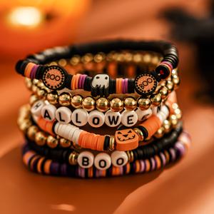 7개 할로윈 폴리머 클레이 구슬 팔찌 세트, 호박 BOO 장식 구슬, HALLOWEEN 레터 구슬 스트레치 팔찌, 스태ッキング 주얼리