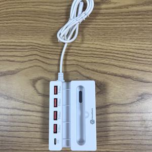65W 5in 1 USB 충전 허브, USB-A 4포트 + USB-C PD 1포트 USB 충전 , 모든 스마트폰, 노트북, 태블릿과 호환, 사운드 앰프 기능 다중 기기 탁상용 충전기 홀더, 가정 사무실 기숙사 신학기 필수품