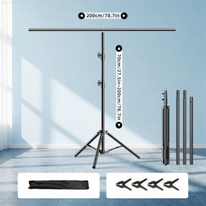 T자형 삼각대 스탠드 (2 X 2 Meters / 78.7 X 78.7 Inches), 사진 배경 및 휴일 장식 스탠드, 높이 조절 가능, 스프링 클립 4개 및 보관 가방 포함, 빠른 정리 및 휴대 가능, 사진, 파티, 결혼식에 적합