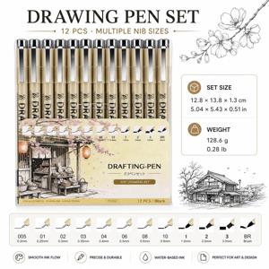12개입 기술 라이너 펜 세트, 0.2-3.0mm 검정색 캘리그라피 펜, 스케치 및 윤곽 드로잉 펜, 저널링, 미술 및 디자인 만화 일러스트레이션 펜용 하드 팁 캘리그라피 서명 펜, 브러쉬 소프트 팁 펜, 학생 문구 용품