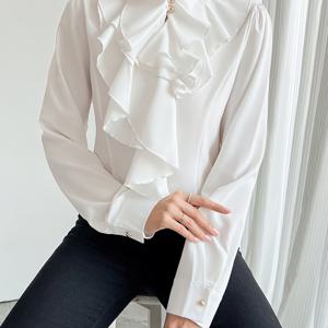 1pc 우아한 여성용 화이트 긴 소매 셔츠, 프릴 하이 넥 칼라, 봄/가을 시즌용 100% 폴리에스테르 직조 단색 블라우스