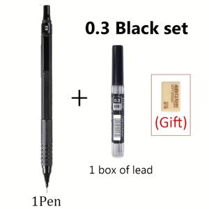 고품질 금속 블랙/실버 자동연필, 0.3/0.5/0.7/0.9/2.0mm 블랙 HB 교체용 심, 전문 미술 손그림 펜 및 문구용 (펜 1개 + 심 1박스 + 지우개 1개)