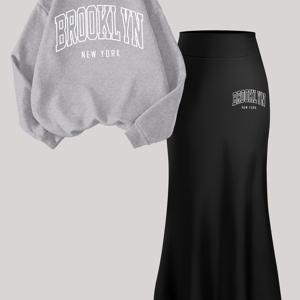 여성용 스커트 세트 2pcs: 'BROOKLYN' 레터 프린트 크루넥 긴소매 풀오버 스웨트셔츠와 미디 하이웨이스트 스커트, 외출용 또는 사무실 복장에 적합한 캐주얼 스웨트셔츠 - C5+Q6