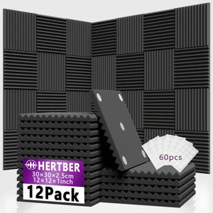 [HERTBER] 12개 검정 보라색 대비 아쿠스틱 패널 (접착 세트 60개 포함) 30X30X2.5Cm 고밀도 방음, 침실, 뮤직룸, 녹음 스튜디오, 사무실, 홈시어터 벽 천장 소음 감소 흡음, 검정 보라색 라이트 L
