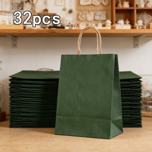 32개 크라프트 종이 선물 가방 (손잡이 포함) - 접이식 재사용 가능 다용도 쇼핑백, 집들이, 결혼식, 파티 선물, 선물, 수공예품, 생일 축하 장식에 적합, 연중 365일 사용 가능