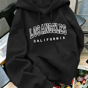 가을 겨울 트렌디 패션 드로스트링 후드 스웨트셔츠, LOS ANGELES CALIFORNIA 프린트, 아메리칸 레트로 프레피 스타일, 드로스트링 디자인의 후드와 앞면에 캥거루 파우치, 추운 날씨에 편안한 착용감