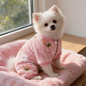1개 복숭아 프린트 4발 펫 파자마, 버튼 클로저가 있는 부드러운 플란넬 강아지 원피스, 작은 개와 고양이를 위한 따뜻한 강아지 라운지웨어 및 겨울 수면복