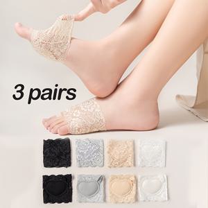 봄/여름용 무작위 3켤레 여성용 하프풋 양말, 얇은 레이스 앞발 패드, 보이지 않는 미끄럼 방지 오픈토 양말, 샌들과 하이힐에 완벽, 다양한 색상 옵션 제공
