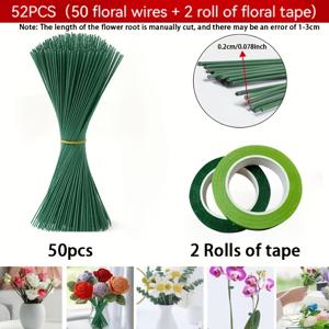 꽃다발 DIY 공예 키트 52개, 꽃대 50개 + 플로럴 테이프 2롤 포함, DIY 부케 만들기 용품, 종이 화환 및 조화 장식용, 꽃집, 정원, 결혼식 꽃 장식용으로 범용