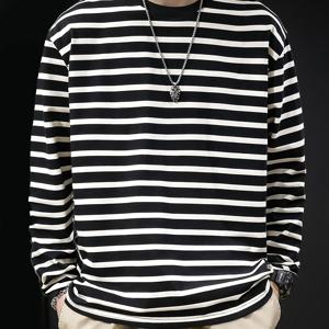 남성용 라운드넥 긴팔 티셔츠, 봄/가을 캐주얼 트렌디 패션, 데일리 출퇴근 및 야외 활동에 적합 [프린트 디자인 - 텍스처 없음]
