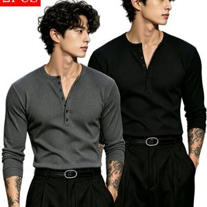 2개 세트 남성용 헨리 라운드넥 긴팔 골지 스트레치 슬림핏 피트니스 탑 여름 퀵 드라이 압스 트레이닝 베이스 레이어