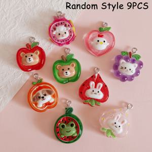 랜덤 스타일 귀여운 수지 과일 동물 참 9개 세트, 창의적인 수박 개구리 사과 곰 DIY 제작용 액세서리