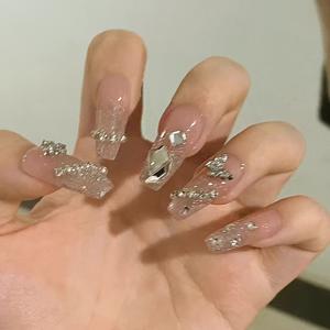 1 세트 24pcs 핑크 롱 발레 네일 팁, 3D 나비 글리터 네일 아트 장식, 광택 있는 마무리, 재사용 가능, DIY 네일 아트용