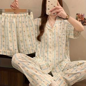 LLU 여성용 봄/여름 경량 반팔 반바지/긴 바지 귀여운 라운지웨어 3종 세트