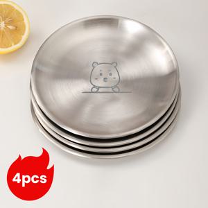 4개 스테인리스 스틸 원형 캠핑 접시, 귀여운 곰돌이 디자인, 야외 스낵, BBQ, 피크닉용 인스 스타일 소스 댕기 볼. 바베큐 음식, 샐러드 접시, 만화 저녁 접시에 적합