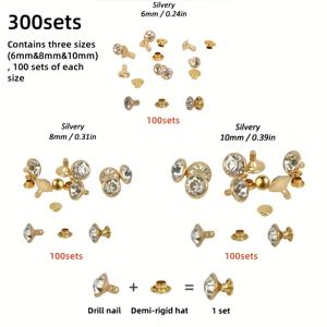 반짝이는 보석이 박힌 골든 메탈 리벳 300개, 6mm, 8mm, 10mm 세 가지 사이즈 혼합 팩 - 안전한 고정을 위한 테이퍼드 백, 내구성 있는 공예용 소재. 가죽 공예, DIY 공예, 의류 및 가방 액세서리, 인조 가죽 리벳, 수공예품, 장식용 리벳, 정밀 공예, 패션 디자이너를 위한 장식용 하드웨어에 적합