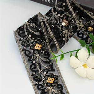 1 야드 스팽글 자수 레이스, 블랙 에스닉 장식 레이스, 핸드메이드 장식 레이스