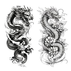 2개 블랙 드래곤 방수 임시 타투 스티커 전통 드래곤 연꽃 디자인 멋진 바디 아트 팔 팔뚝 타투 슬리브 여성 남성 성인용