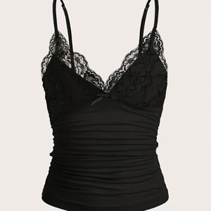Women' Color Elegant Mature Ruched Waist-Defining Pure Desire Style Bow-Decorated La Patchwork V-Ne Camisole Top, as an Inner Layer or Outerwear