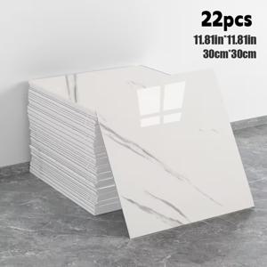 욕실, 주방, 침실용 접착식 대리석 바닥 타일 및 벽 패널 22개 세트, 탈부착식 필앤스틱 방수 강화 PVC 비닐 바닥재, 화이트-그레이 대리석 질감, 통행이 잦은 공간에 적합