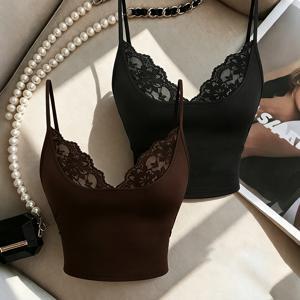 여성용 2피스 세트 섹시 레이스 패치워크 V넥 캐미솔 조끼, 민소매 백리스 숏 탑, 봄 여름 가을에 적합