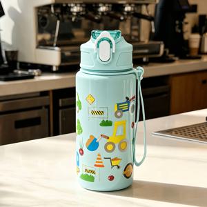귀여운 휴대용 스포츠 물병 빨대 컵 1개 500ml, 만화 공룡 패턴, 캠핑 야외 가정용 물병, 랜덤 컵 뚜껑 포함